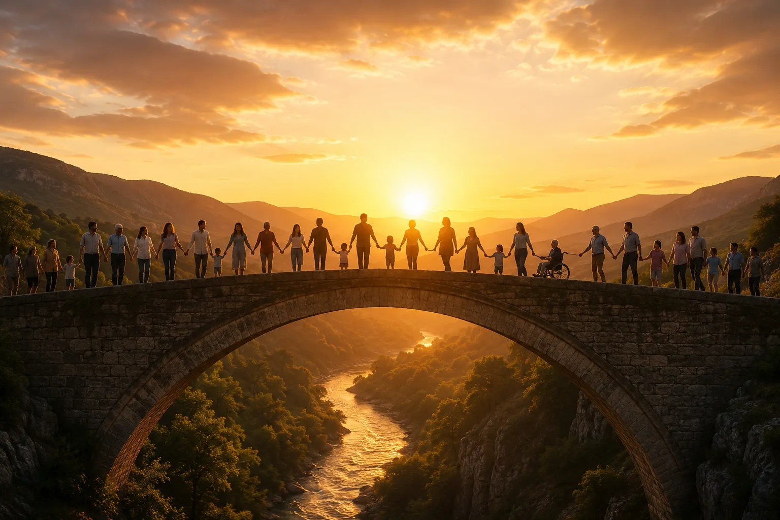 Menschen halten sich bei Sonnenuntergang auf einer Steinbrücke an den Händen
